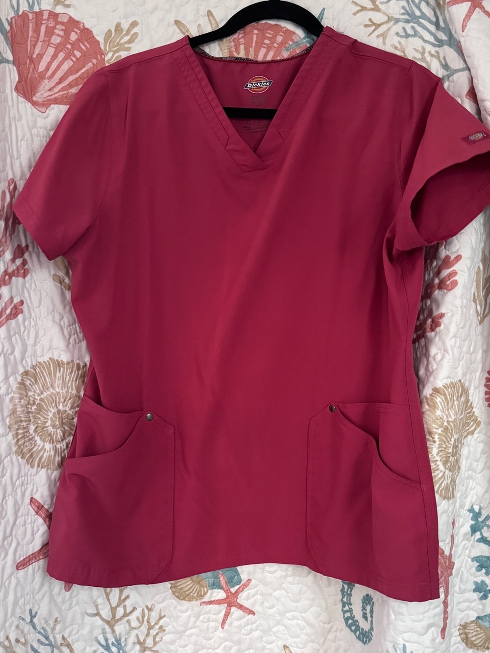 Dickies Women's Short Sleeve V-Neck Top in Raspberry